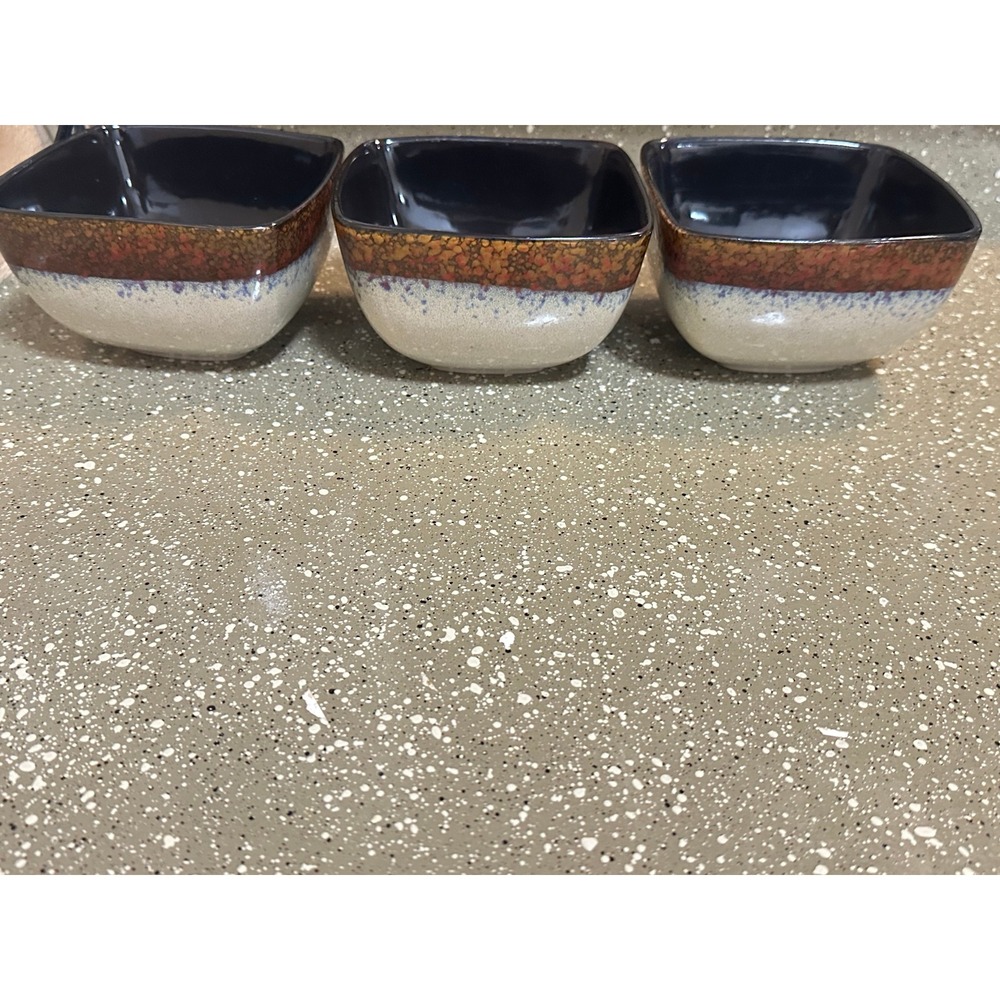 MasterCuisine Square Stoneware Bowls Set of 3 Tan Blue‎ Speckled Black Interior - Picture 5 of 10